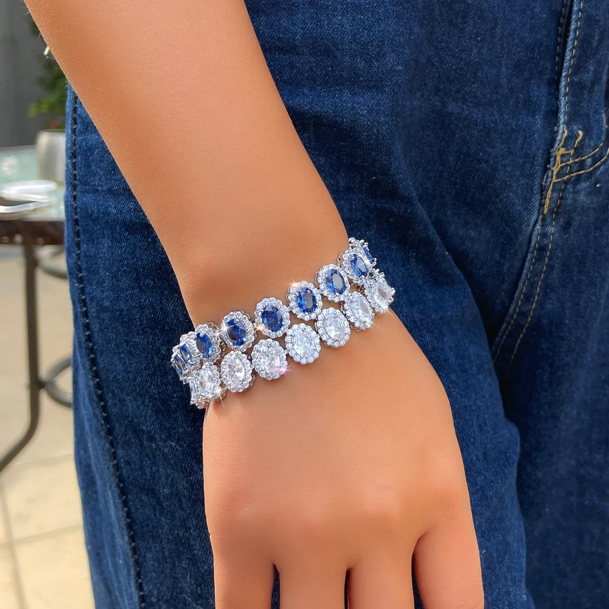 Water Plated White Gold Inlaid Oval Blue/Transparent Zircon Rhodium Plated Copper Material Geometric Waterproof Non-Fading Tennis Chain Bracelet For Women Christmas 8