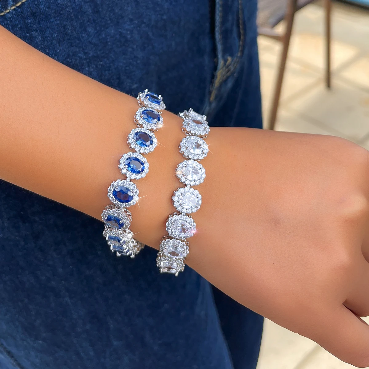 Water Plated White Gold Inlaid Oval Blue/Transparent Zircon Rhodium Plated Copper Material Geometric Waterproof Non-Fading Tennis Chain Bracelet For Women Christmas 9