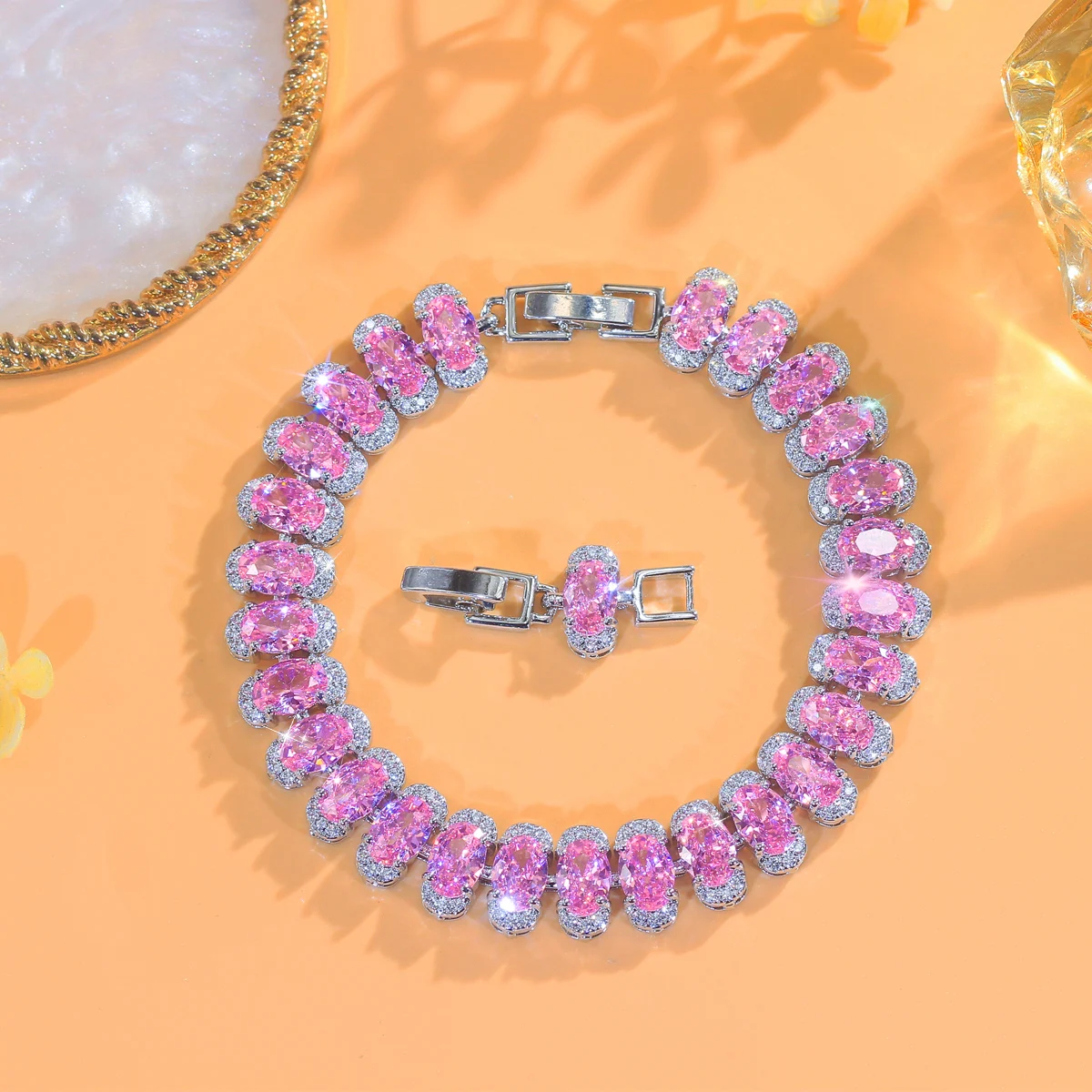 Water Plated White Gold Inlaid Oval Multicolor/Pink Zircon Copper Material Geometric Safety Buckle Waterproof Non-Fading Tennis Bracelet For Women Banquet Date Christmas Wedding Season Valentine's Day