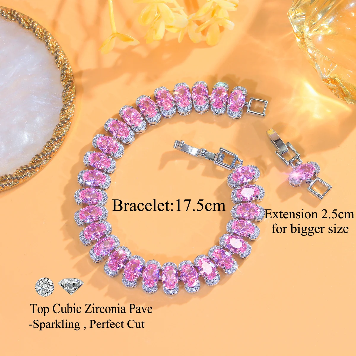 Water Plated White Gold Inlaid Oval Multicolor/Pink Zircon Copper Material Geometric Safety Buckle Waterproof Non-Fading Tennis Bracelet For Women Banquet Date Christmas Wedding Season Valentine's Day 2