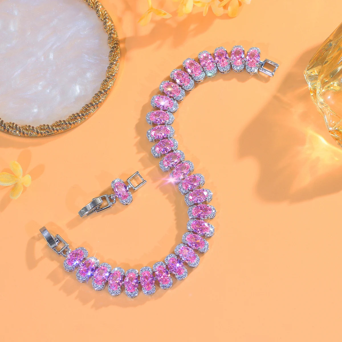 Water Plated White Gold Inlaid Oval Multicolor/Pink Zircon Copper Material Geometric Safety Buckle Waterproof Non-Fading Tennis Bracelet For Women Banquet Date Christmas Wedding Season Valentine's Day 4