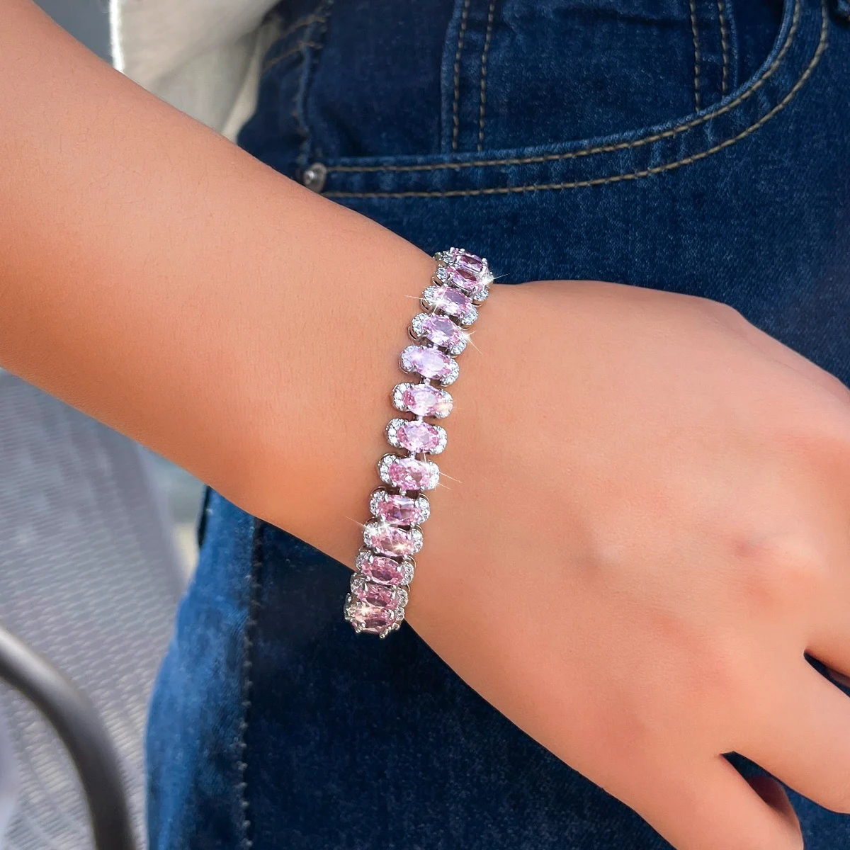 Water Plated White Gold Inlaid Oval Multicolor/Pink Zircon Copper Material Geometric Safety Buckle Waterproof Non-Fading Tennis Bracelet For Women Banquet Date Christmas Wedding Season Valentine's Day 6