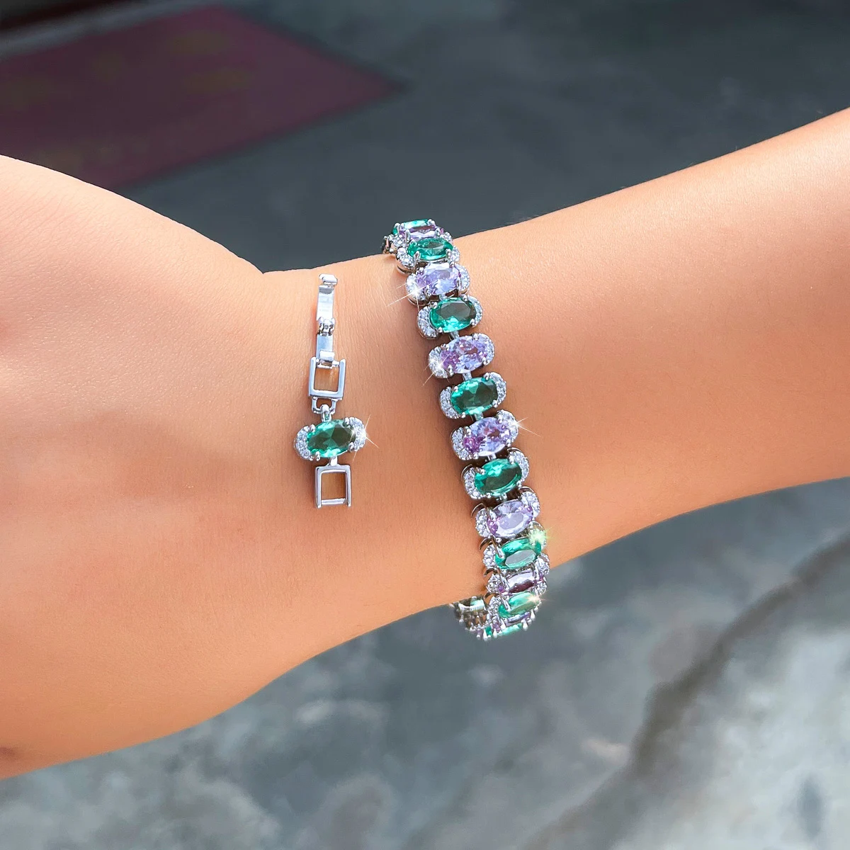 Water Plated White Gold Inlaid Oval Multicolor/Pink Zircon Copper Material Geometric Safety Buckle Waterproof Non-Fading Tennis Bracelet For Women Banquet Date Christmas Wedding Season Valentine's Day 7