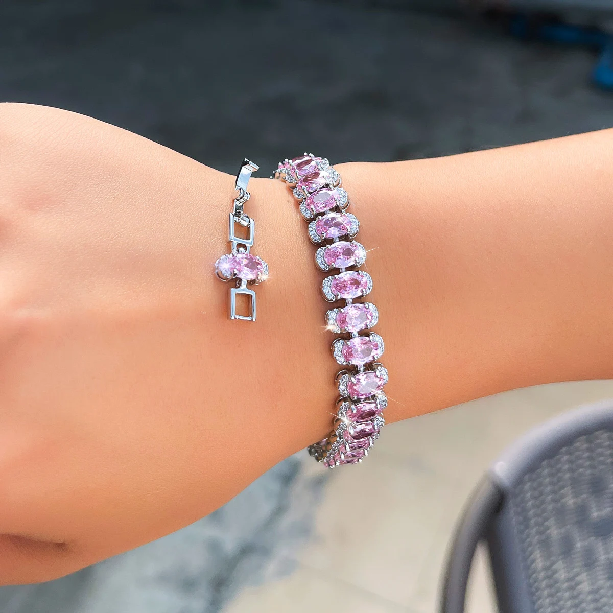 Water Plated White Gold Inlaid Oval Multicolor/Pink Zircon Copper Material Geometric Safety Buckle Waterproof Non-Fading Tennis Bracelet For Women Banquet Date Christmas Wedding Season Valentine's Day 8