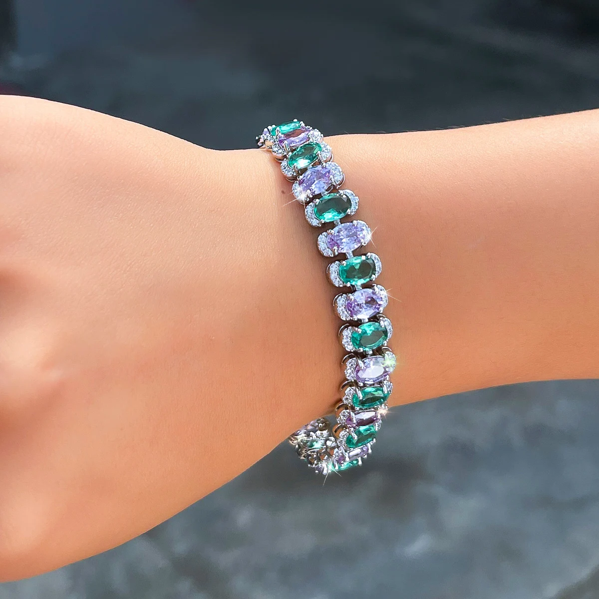 Water Plated White Gold Inlaid Oval Multicolor/Pink Zircon Copper Material Geometric Safety Buckle Waterproof Non-Fading Tennis Bracelet For Women Banquet Date Christmas Wedding Season Valentine's Day 9