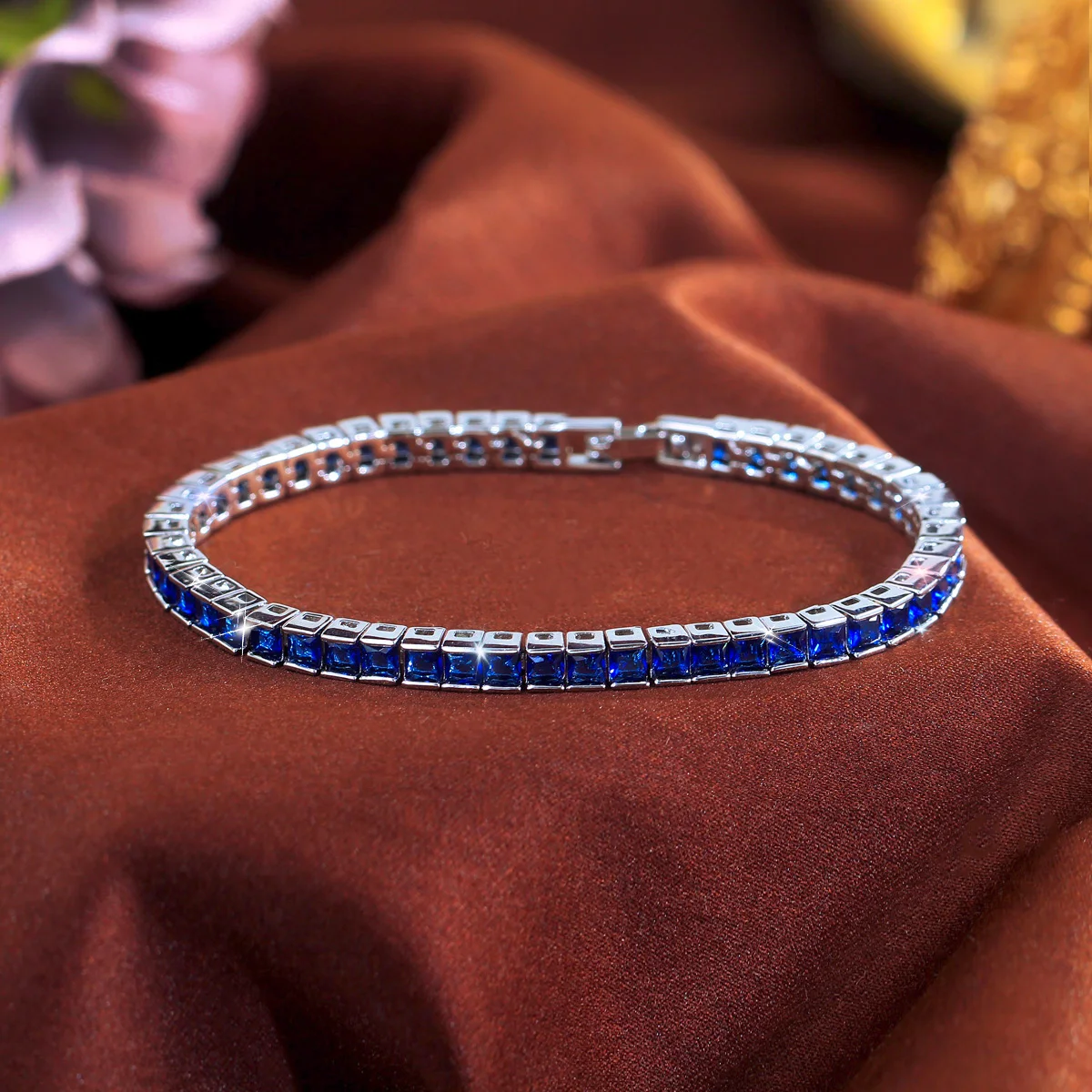Water Plated White Gold Rhodium Plated Inlaid Square Blue/Green Zircon Geometric Copper Material (Jewelry) Waterproof Non-Fading Women's Simple Tennis Bracelet