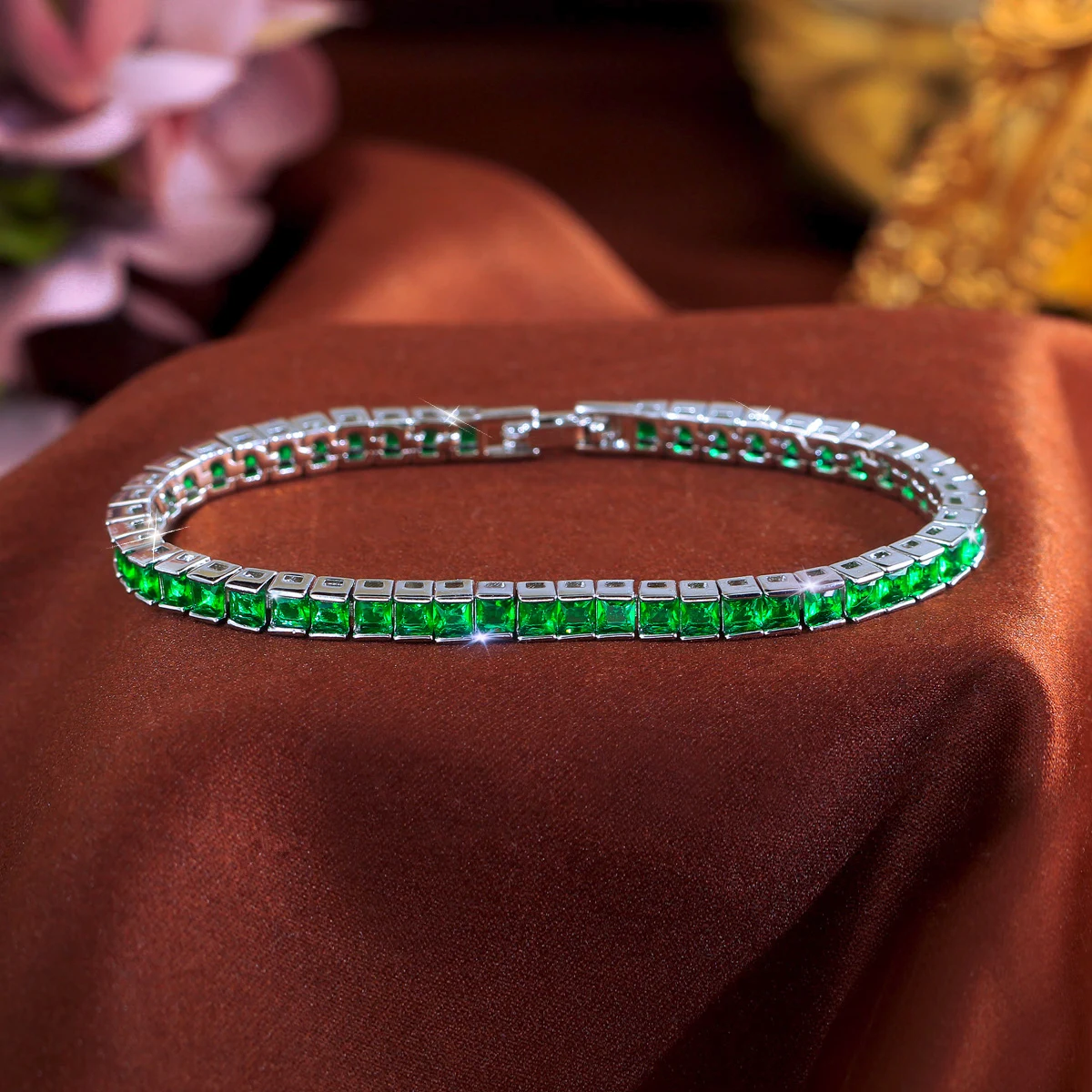 Water Plated White Gold Rhodium Plated Inlaid Square Blue/Green Zircon Geometric Copper Material (Jewelry) Waterproof Non-Fading Women's Simple Tennis Bracelet 4