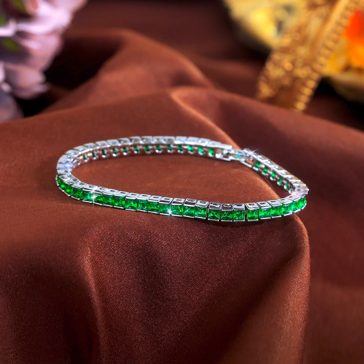 Water Plated White Gold Rhodium Plated Inlaid Square Blue/Green Zircon Geometric Copper Material (Jewelry) Waterproof Non-Fading Women's Simple Tennis Bracelet 5
