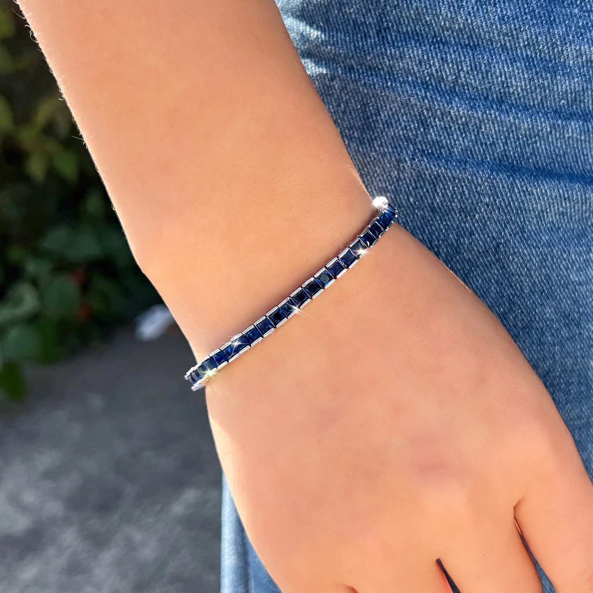 Water Plated White Gold Rhodium Plated Inlaid Square Blue/Green Zircon Geometric Copper Material (Jewelry) Waterproof Non-Fading Women's Simple Tennis Bracelet 8