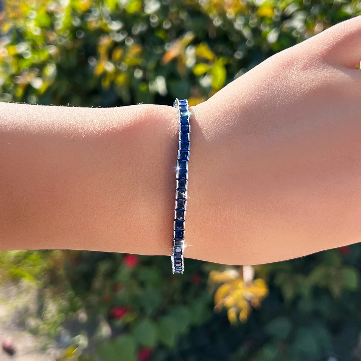 Water Plated White Gold Rhodium Plated Inlaid Square Blue/Green Zircon Geometric Copper Material (Jewelry) Waterproof Non-Fading Women's Simple Tennis Bracelet 10