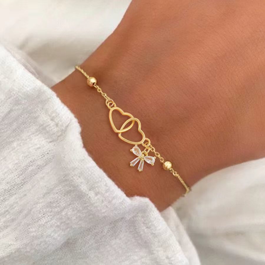 Double Heart Waterproof Bracelets For Women In 201 Stainless Steel With 18K Gold Electroplated, Artificial Crystal, Clasp Ball Chain