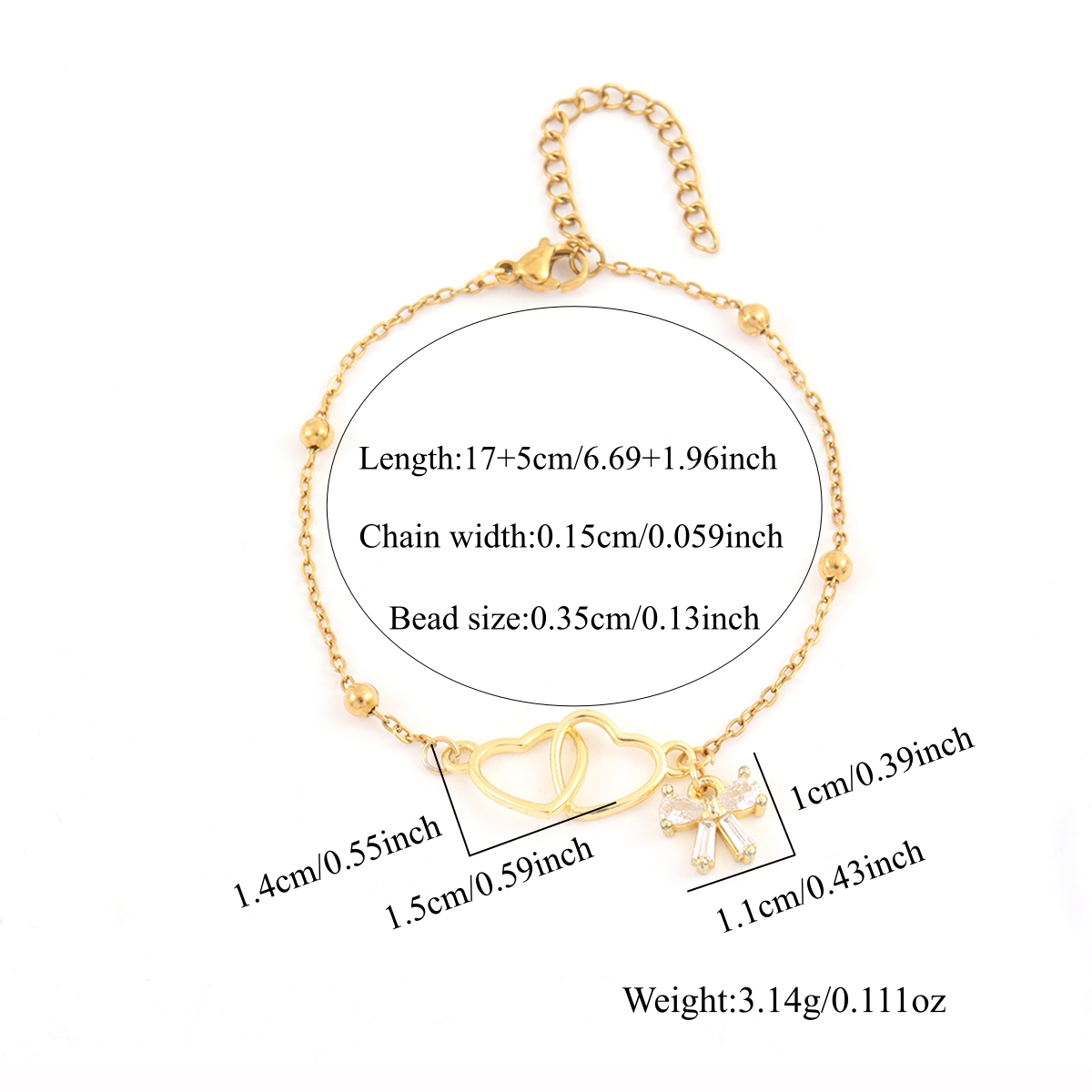 Double Heart Waterproof Bracelets For Women In 201 Stainless Steel With 18K Gold Electroplated, Artificial Crystal, Clasp Ball Chain 2