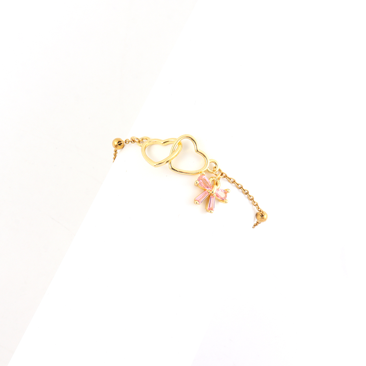 Double Heart Waterproof Bracelets For Women In 201 Stainless Steel With 18K Gold Electroplated, Artificial Crystal, Clasp Ball Chain 3