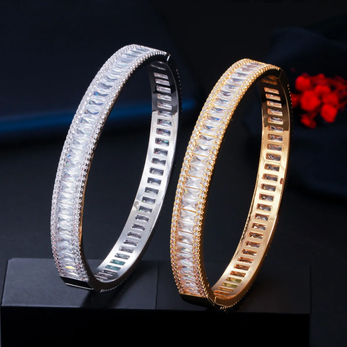 Waterproof Non Tarnish Circle Bangle For Women In Copper With Rhodium Plated Water Plating And Zircon Inlay