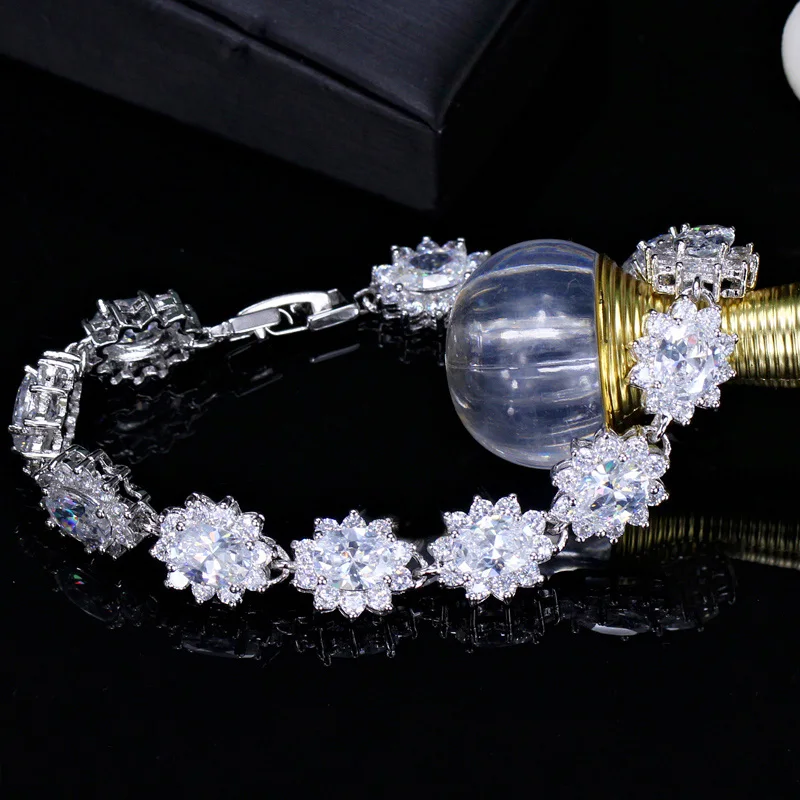 Waterproof Non Tarnish Flowers Bracelet In Platinum Plated Copper With Zircon Inlay And 0.03µm Water Plating Thickness Tennis Chain 6