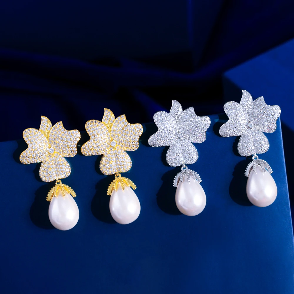 Waterproof Non Tarnish Flowers Drop Earrings For Women In Copper With Rhodium Plated Water Plating And Pearl Inlay