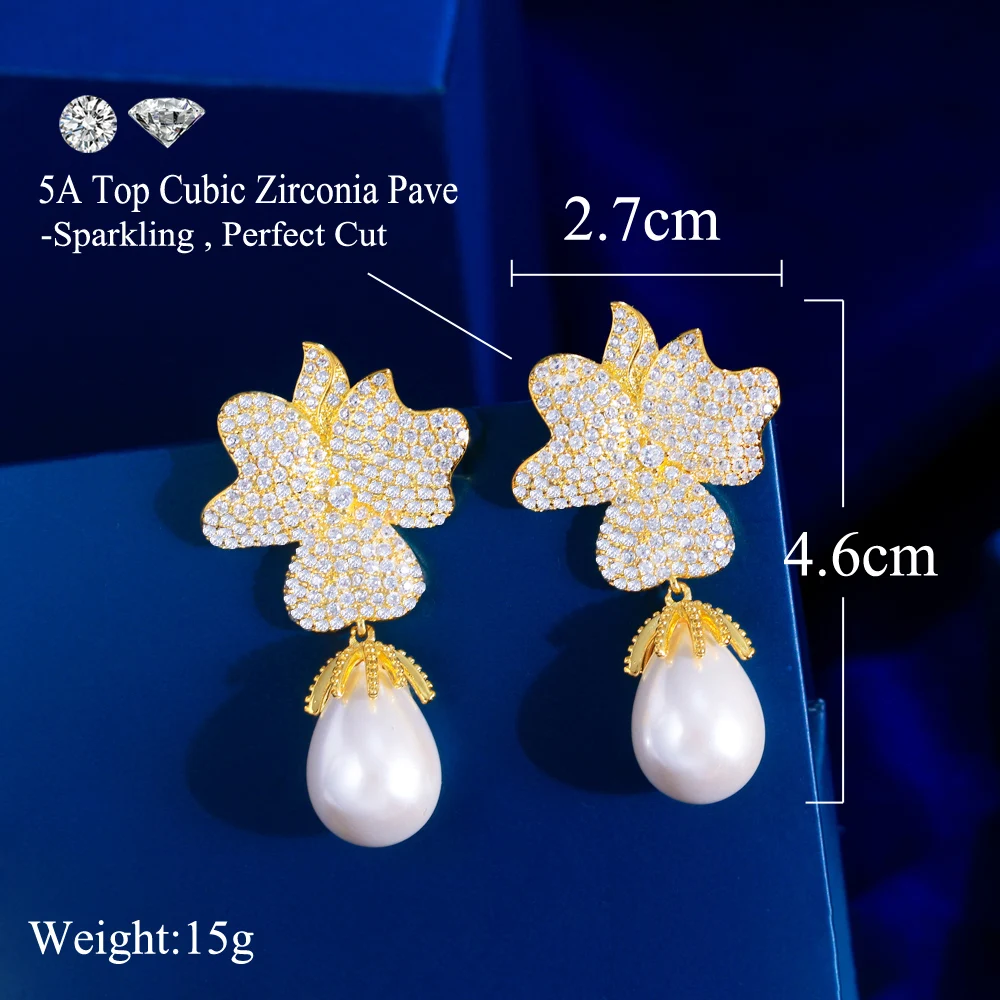 Waterproof Non Tarnish Flowers Drop Earrings For Women In Copper With Rhodium Plated Water Plating And Pearl Inlay 2