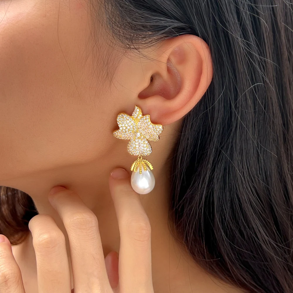 Waterproof Non Tarnish Flowers Drop Earrings For Women In Copper With Rhodium Plated Water Plating And Pearl Inlay 5