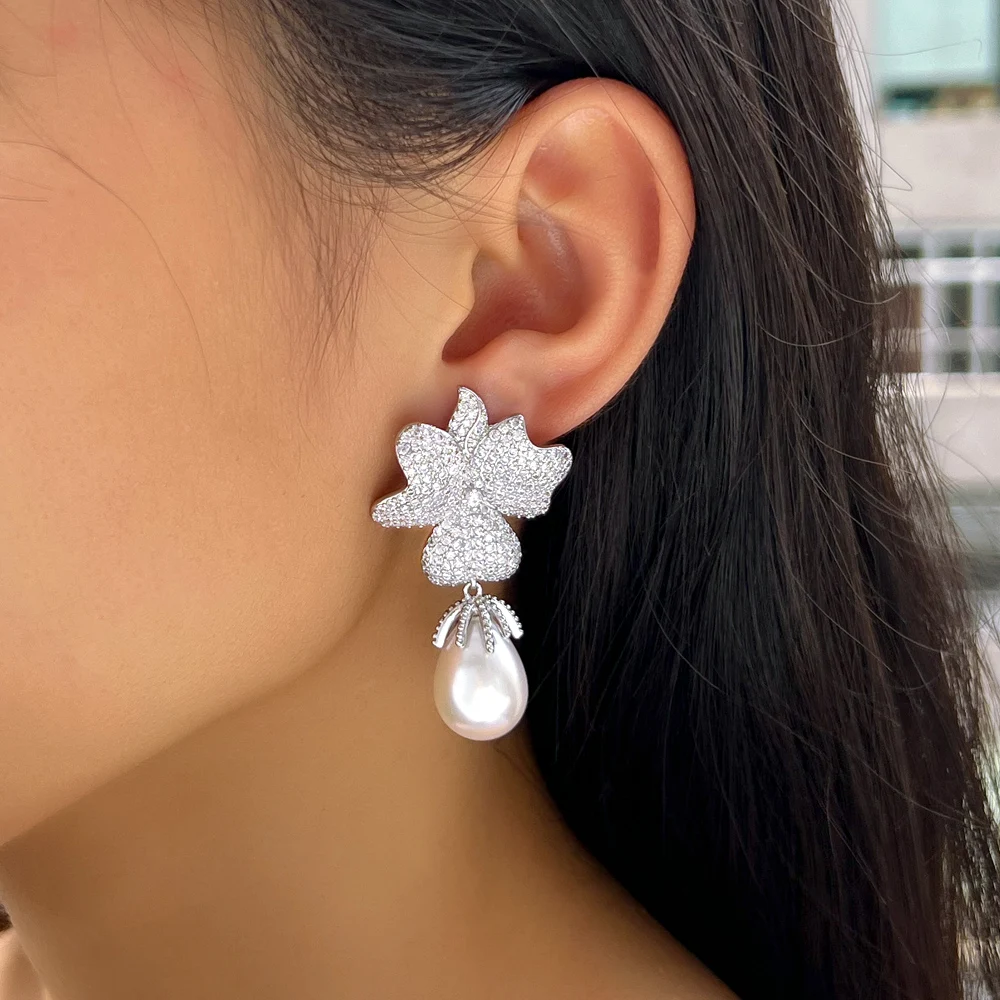 Waterproof Non Tarnish Flowers Drop Earrings For Women In Copper With Rhodium Plated Water Plating And Pearl Inlay 6
