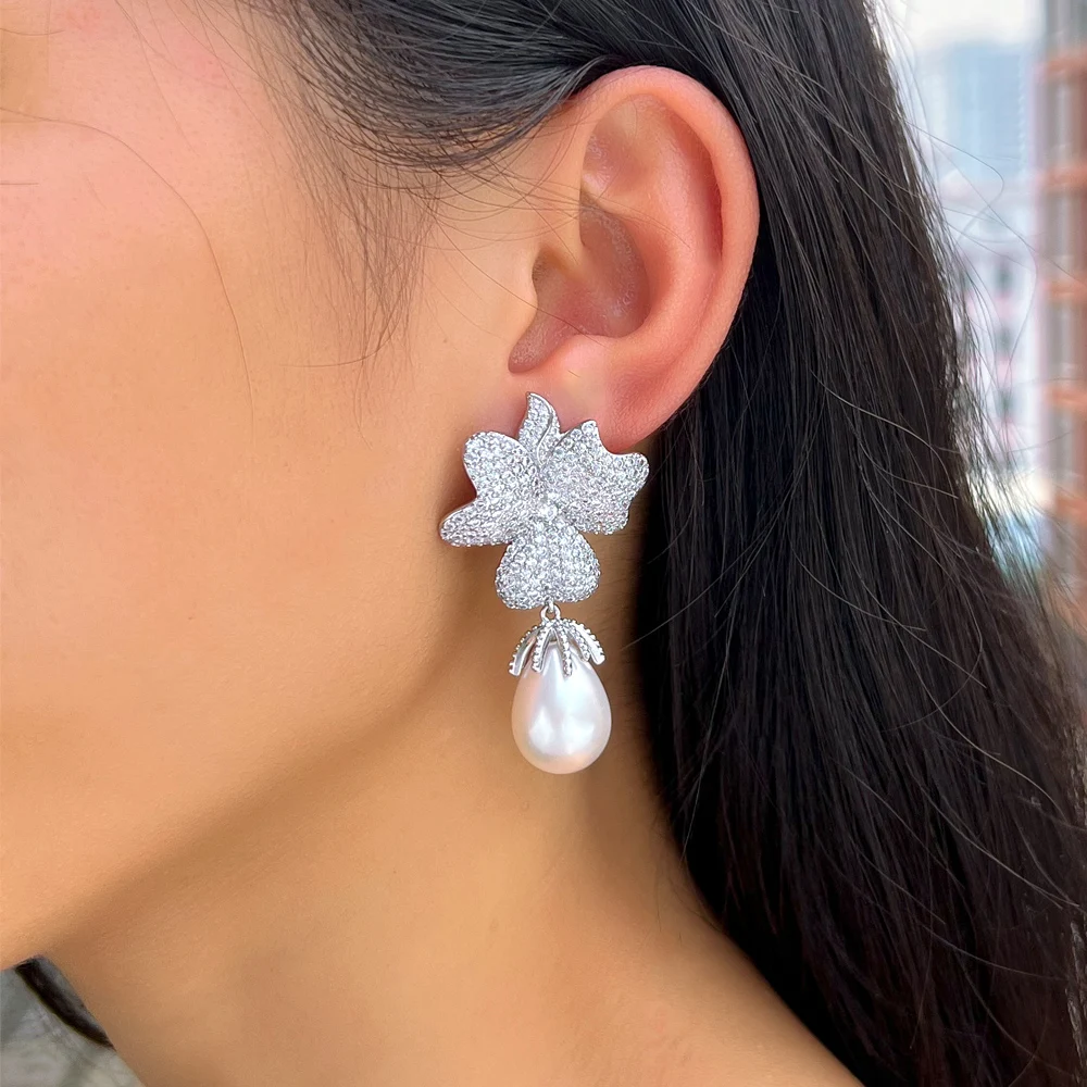 Waterproof Non Tarnish Flowers Drop Earrings For Women In Copper With Rhodium Plated Water Plating And Pearl Inlay 7
