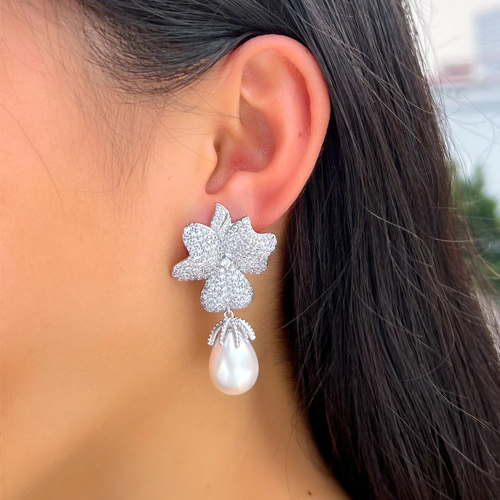Waterproof Non Tarnish Flowers Drop Earrings For Women In Copper With Rhodium Plated Water Plating And Pearl Inlay 8
