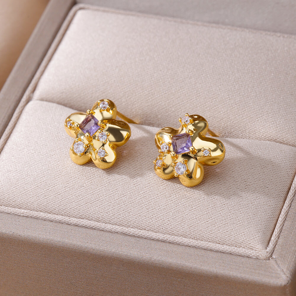 Hypoallergenic Cross Stud Earrings In Copper With 18K Real Gold PVD Coating 0.03µm-0.05µm And Zircon Inlay 5
