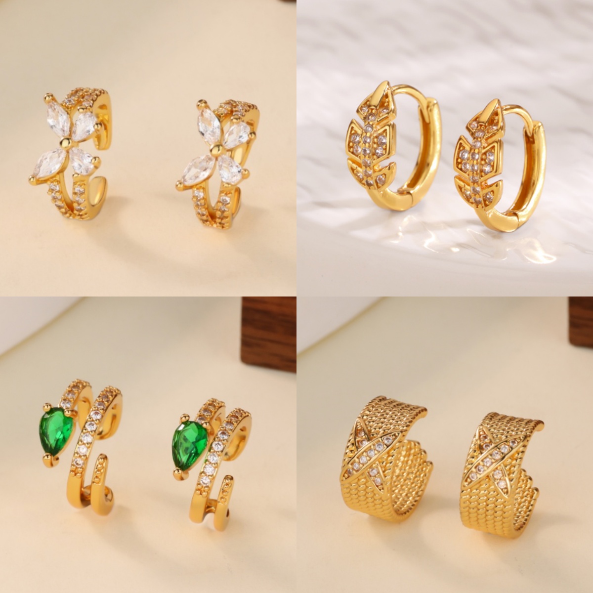 Waterproof Non Tarnish Leaf Earrings For Women, PVD Coated Copper With 18K Real Gold Plated And Zircon Inlay