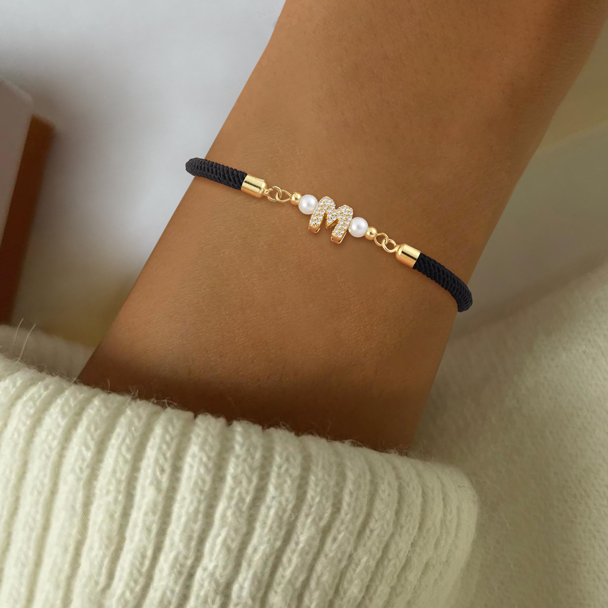 Waterproof Non Tarnish Letter Drawstring Bracelets With 18K Gold Plated 0.03µm Thickness And Zircon On Nylon Cord