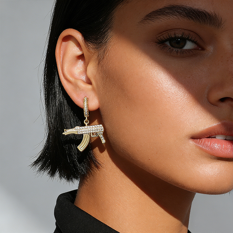 Waterproof Non Tarnish Pistol Earrings For Women, Copper Material With Golden Plated PVD Coating And Zircon Inlay