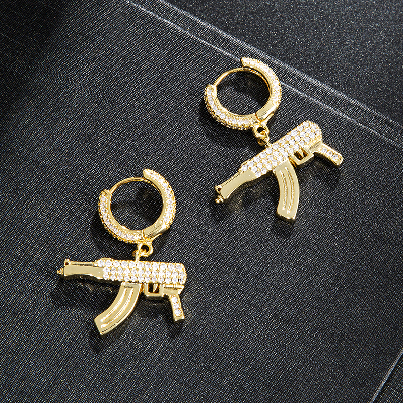 Waterproof Non Tarnish Pistol Earrings For Women, Copper Material With Golden Plated PVD Coating And Zircon Inlay 2