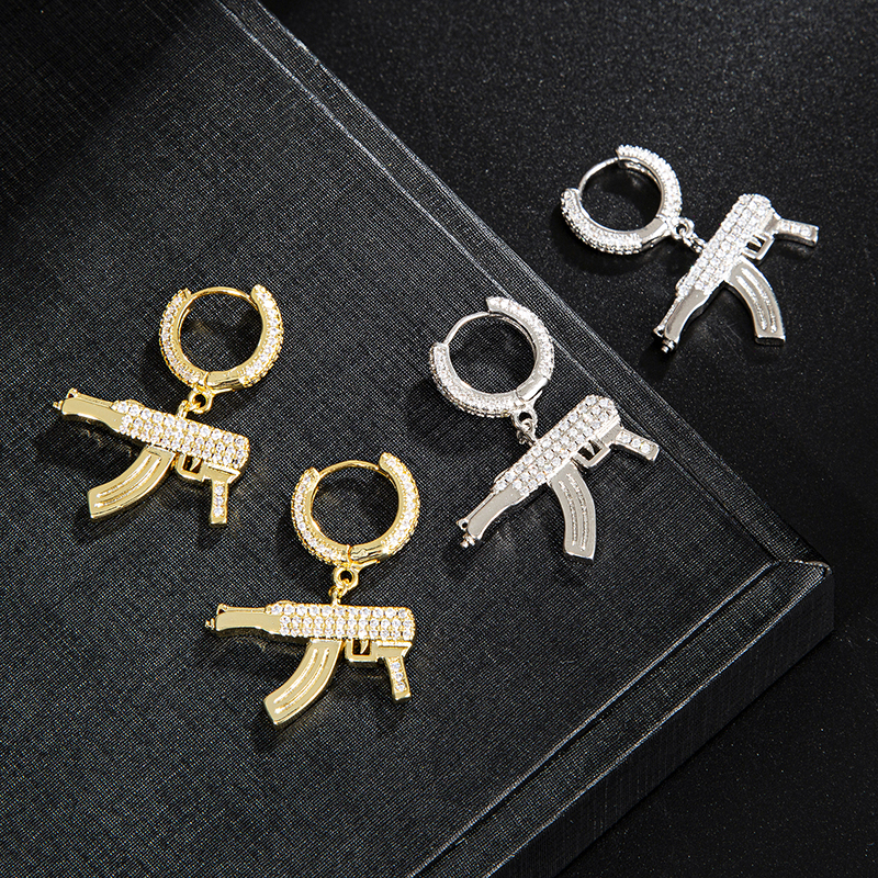 Waterproof Non Tarnish Pistol Earrings For Women, Copper Material With Golden Plated PVD Coating And Zircon Inlay 4