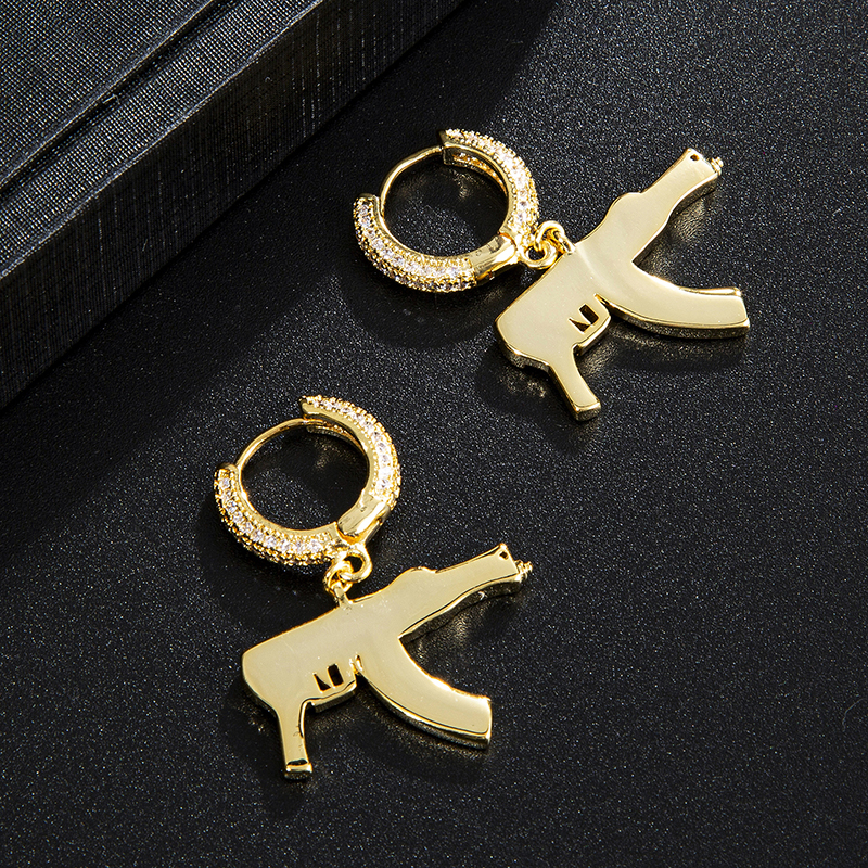 Waterproof Non Tarnish Pistol Earrings For Women, Copper Material With Golden Plated PVD Coating And Zircon Inlay 5