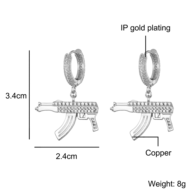 Waterproof Non Tarnish Pistol Earrings For Women, Copper Material With Golden Plated PVD Coating And Zircon Inlay 6