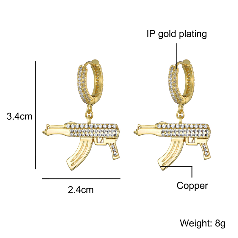 Waterproof Non Tarnish Pistol Earrings For Women, Copper Material With Golden Plated PVD Coating And Zircon Inlay 7