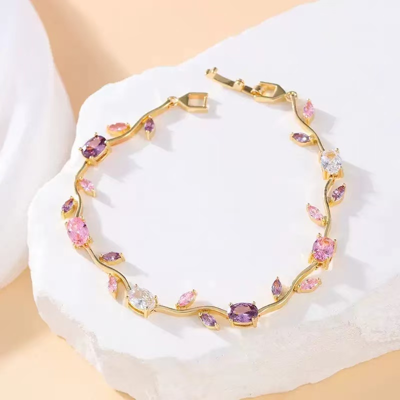 Waterproof Non Tarnish Tree Bracelet For Women In Golden Plated Copper With Zircon Inlay And Water Plating Process