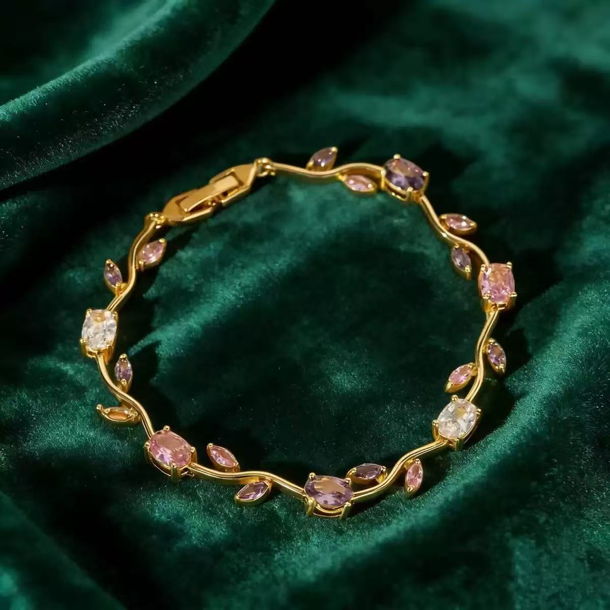 Waterproof Non Tarnish Tree Bracelet For Women In Golden Plated Copper With Zircon Inlay And Water Plating Process 2