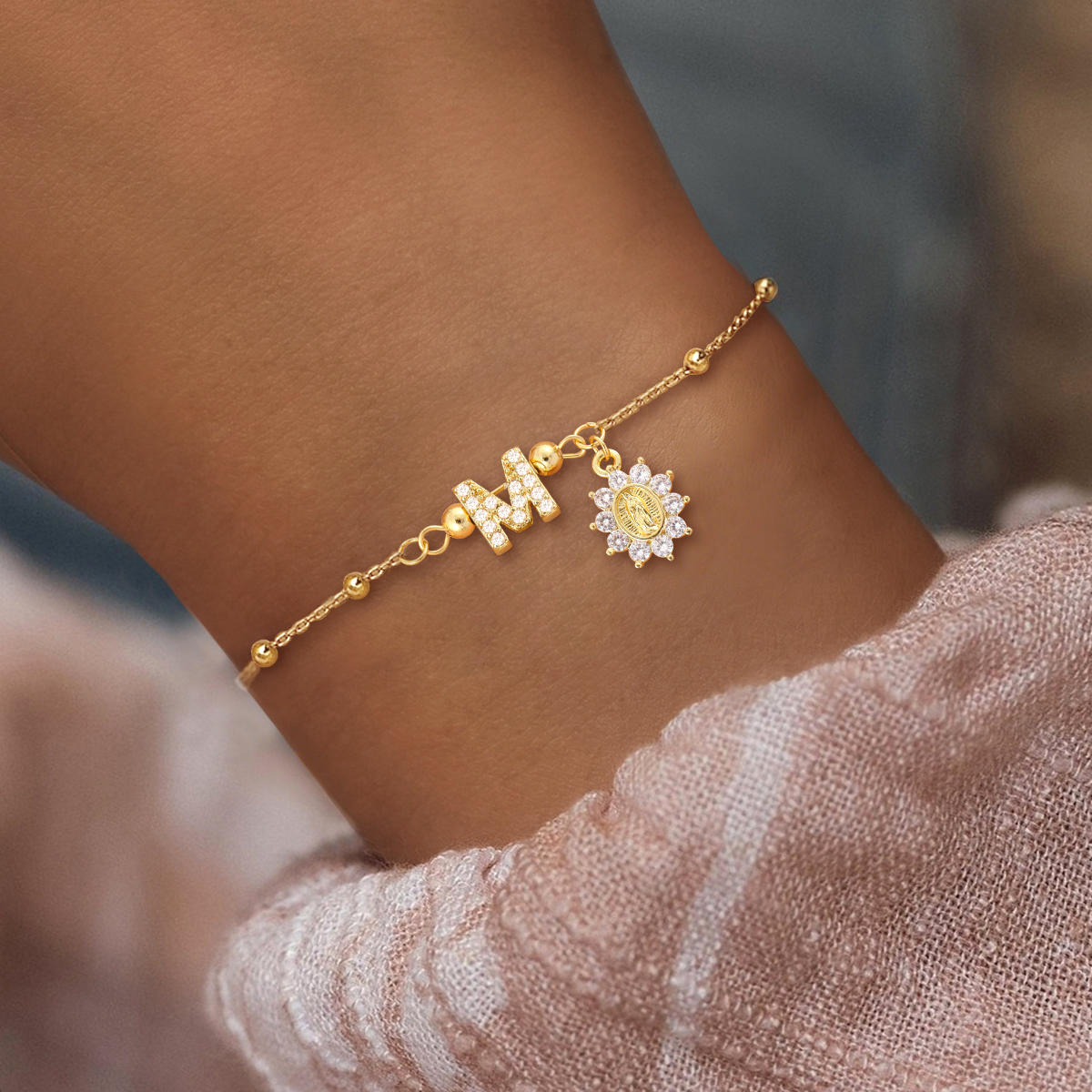 Virgin Mary Waterproof Bracelet For Women, 201 Stainless Steel, 18K Gold Plated, Zircon Inlay Ball Chain