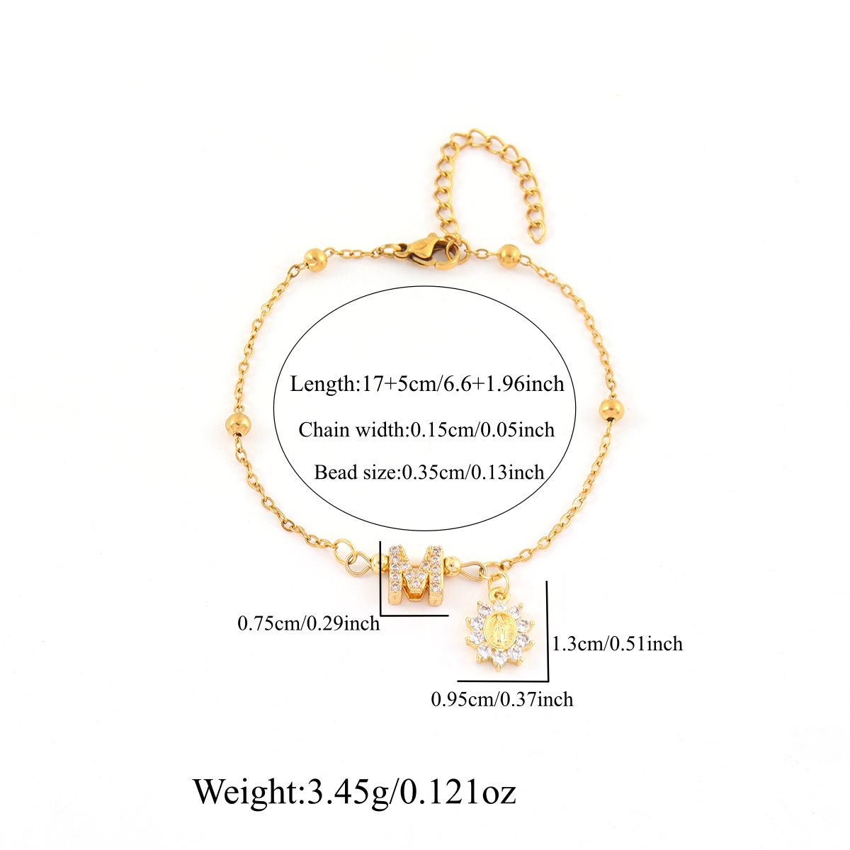 Virgin Mary Waterproof Bracelet For Women, 201 Stainless Steel, 18K Gold Plated, Zircon Inlay Ball Chain 2