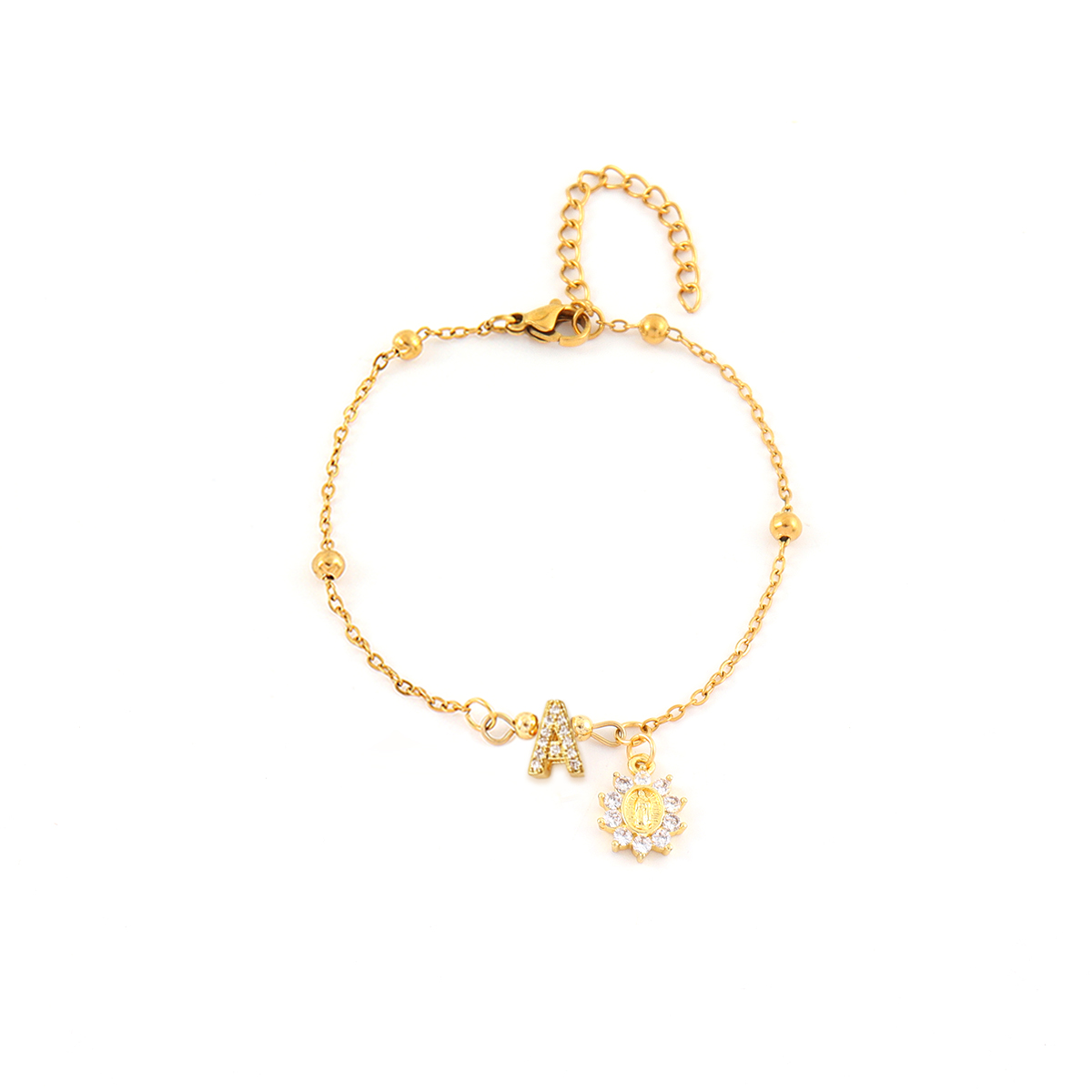 Virgin Mary Waterproof Bracelet For Women, 201 Stainless Steel, 18K Gold Plated, Zircon Inlay Ball Chain 3