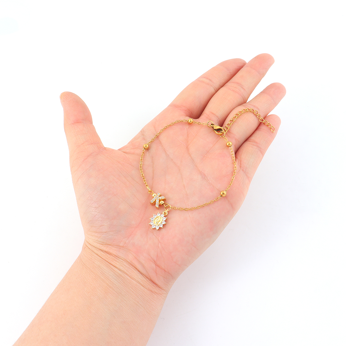 Virgin Mary Waterproof Bracelet For Women, 201 Stainless Steel, 18K Gold Plated, Zircon Inlay Ball Chain 4