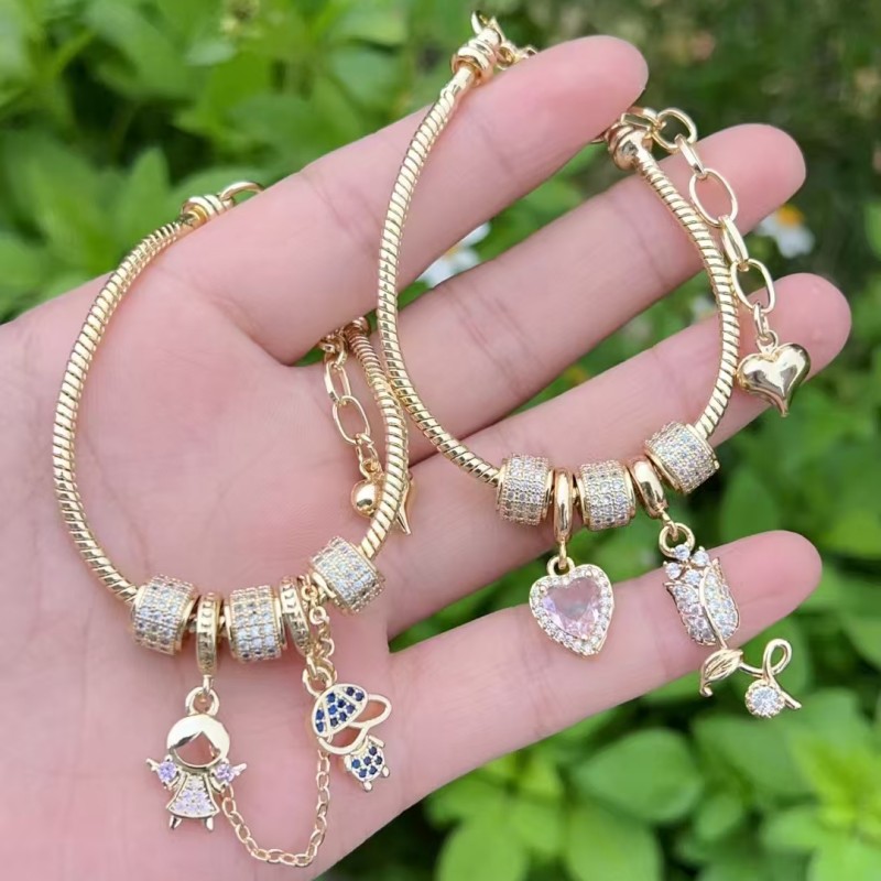 Wholesale Jewelry Casual Marine Style Sweet Girl Heart Shape Flower Copper Zircon 18K Gold Plated Polishing Chain Inlay Snake Chain Bracelets
