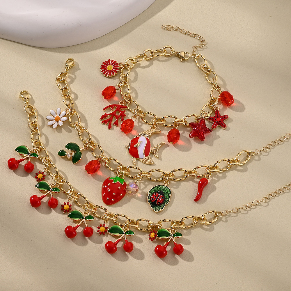 Wholesale Jewelry Casual Modern Style Sweet Cherry Starfish Flower 304 Stainless Steel Alloy Glass Bead Acrylic Pearl Handmade Polishing Enamel Handmade Chain Bracelets