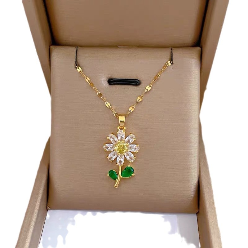 Wholesale Jewelry Elegant Flower Titanium Steel Copper Zircon Plating Pendant Necklace Lip Chain 2