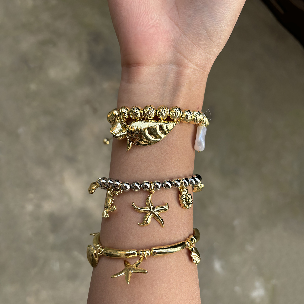 Wholesale Jewelry IG Style Marine Style Commute Starfish Conch Shell Copper 18K Gold Plated Beaded Bracelets 2
