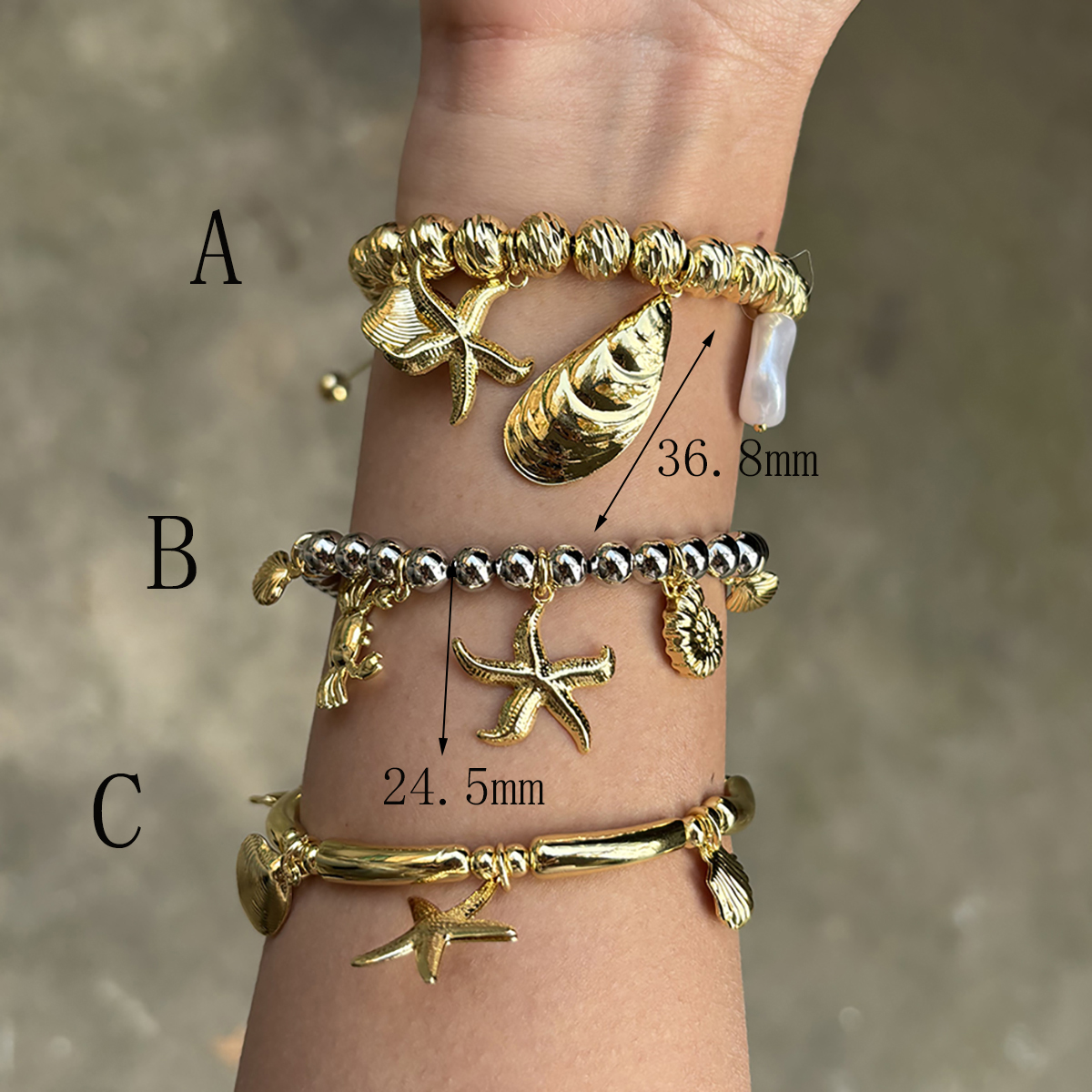 Wholesale Jewelry IG Style Marine Style Commute Starfish Conch Shell Copper 18K Gold Plated Beaded Bracelets 3