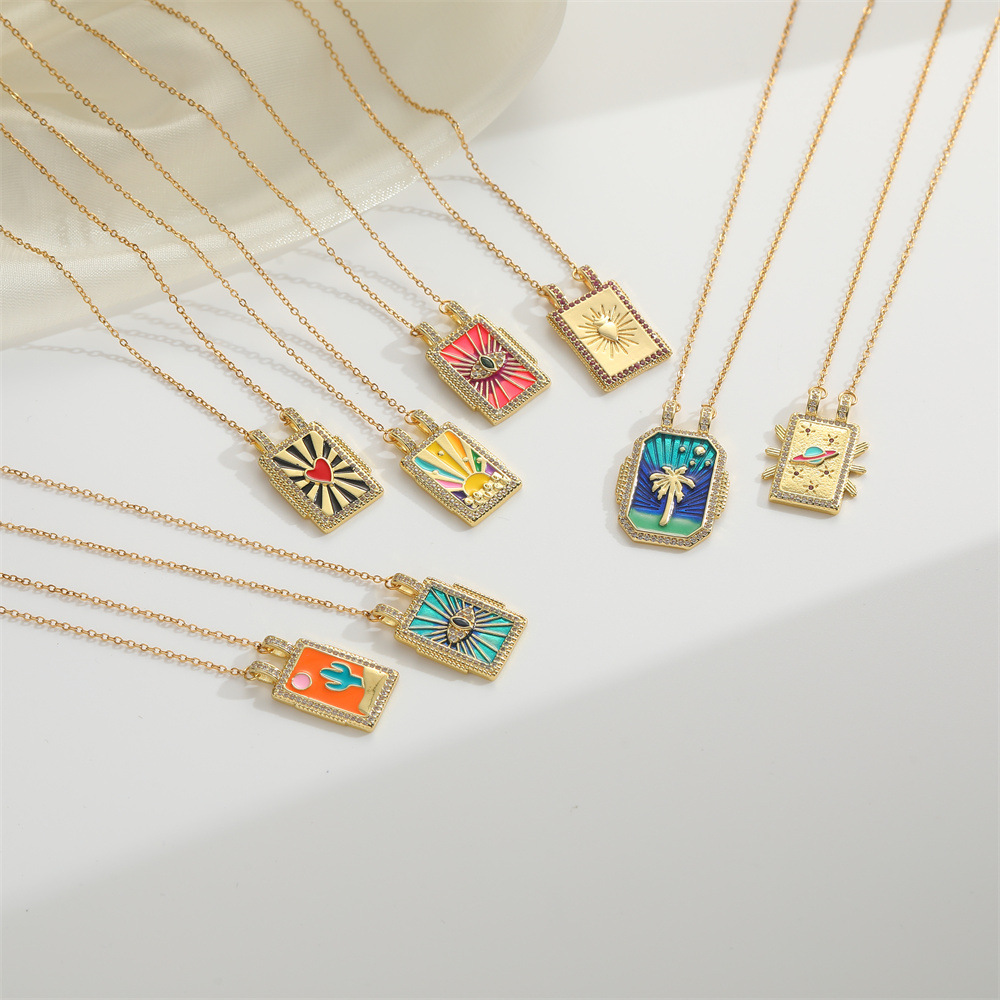 Wholesale Jewelry Retro Card Heart Shape Eye Copper Zircon Enamel Plating Inlay Pendant Necklace