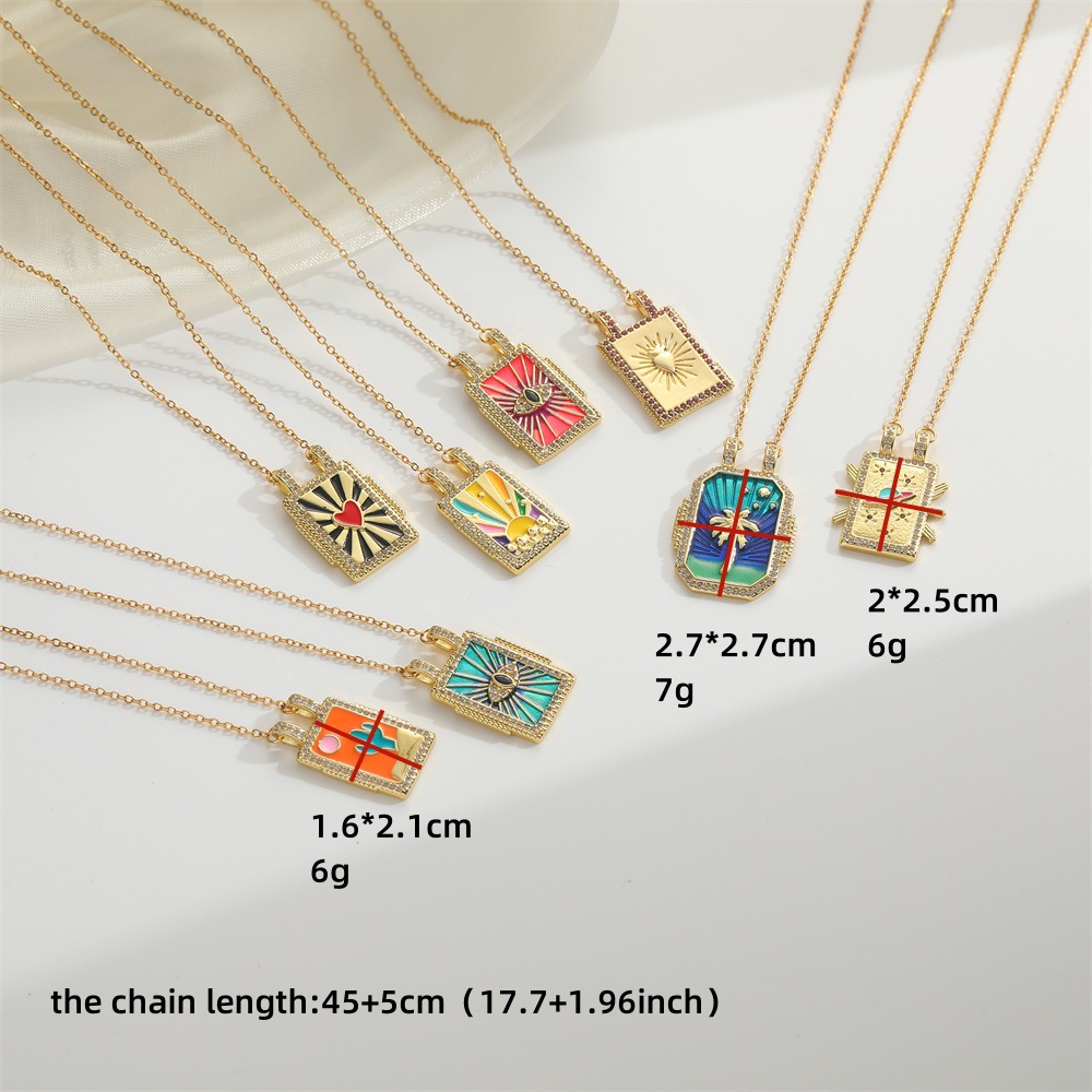 Wholesale Jewelry Retro Card Heart Shape Eye Copper Zircon Enamel Plating Inlay Pendant Necklace 2