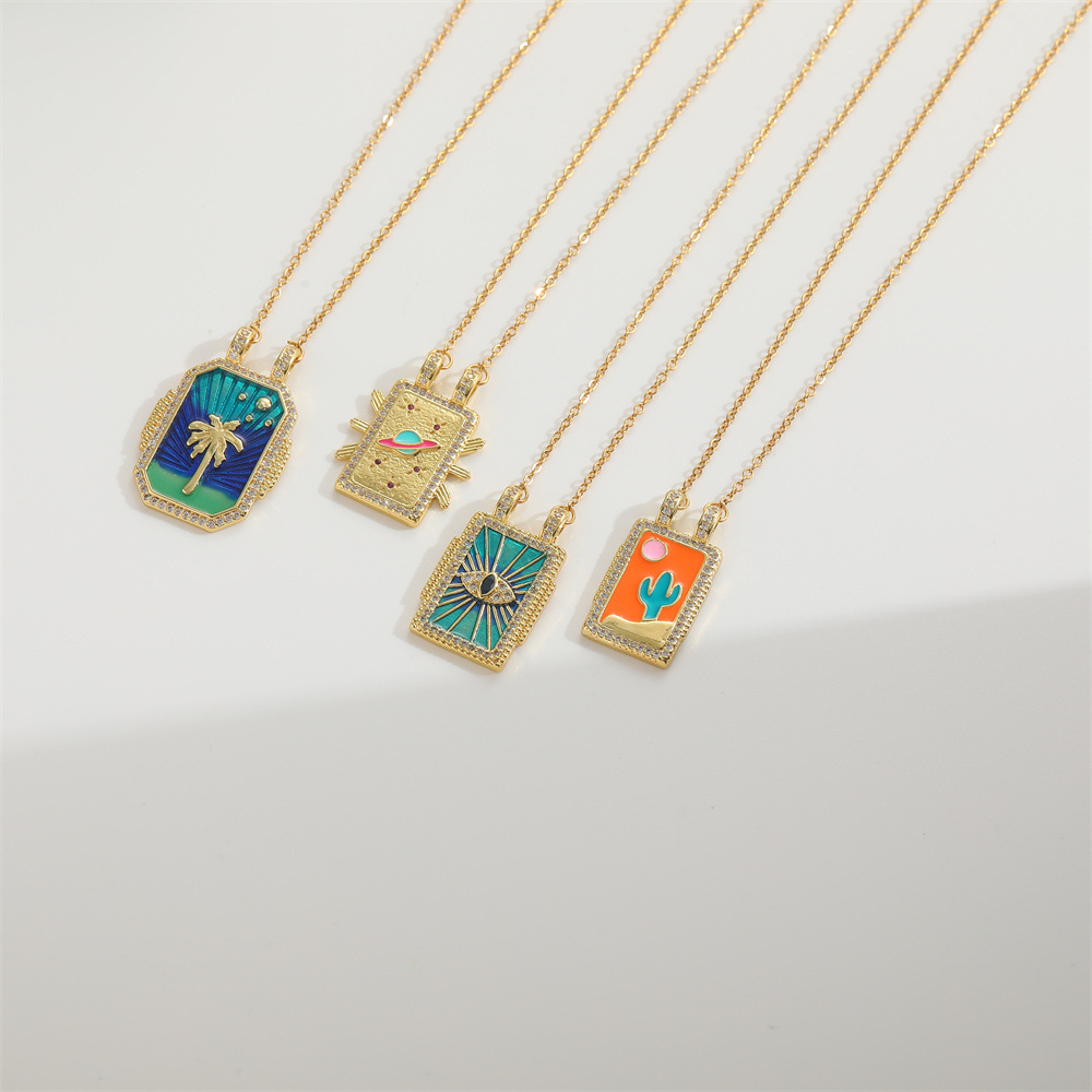 Wholesale Jewelry Retro Card Heart Shape Eye Copper Zircon Enamel Plating Inlay Pendant Necklace 3