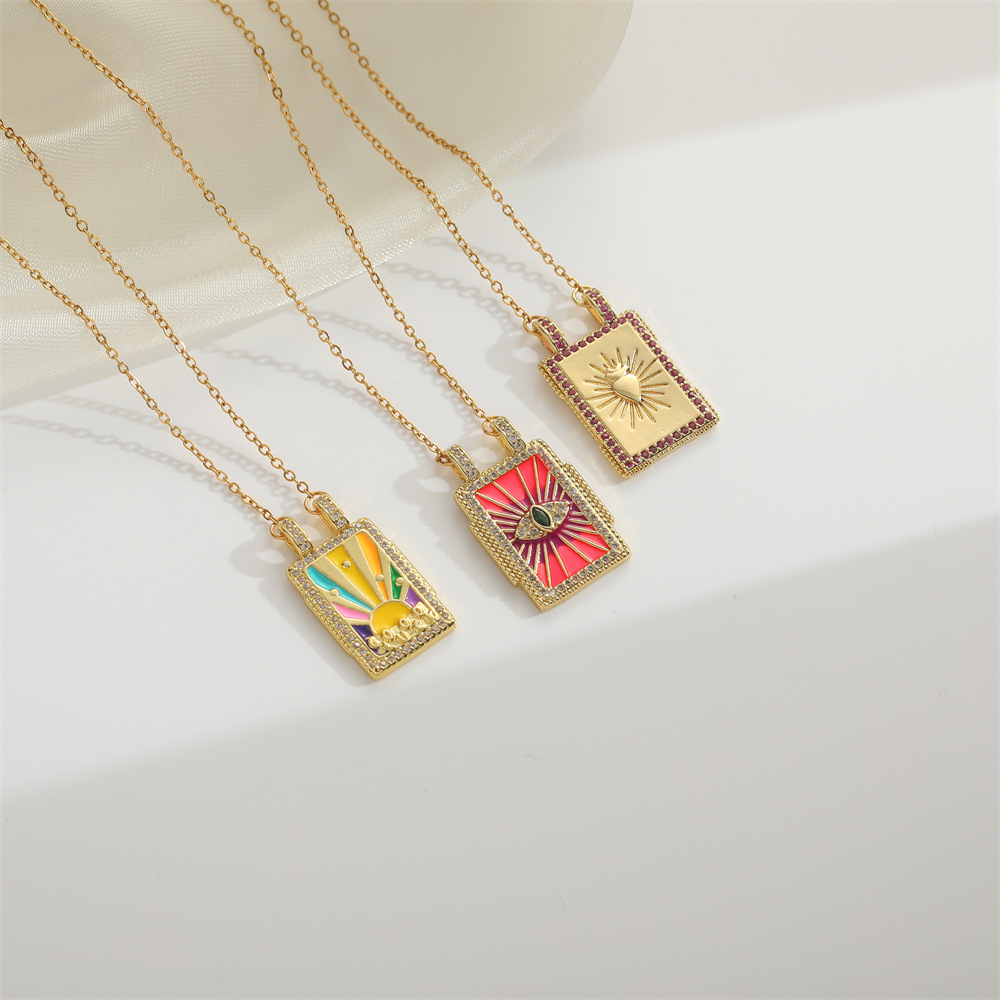 Wholesale Jewelry Retro Card Heart Shape Eye Copper Zircon Enamel Plating Inlay Pendant Necklace 4