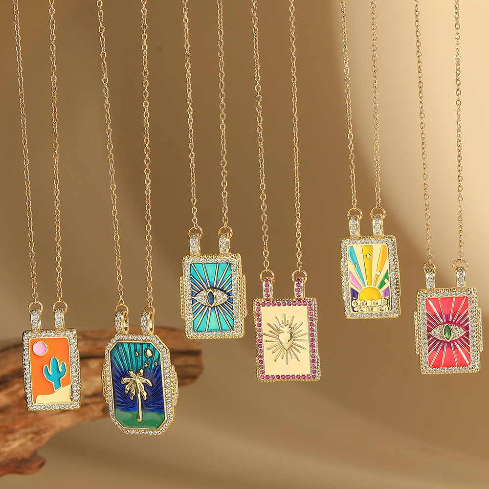 Wholesale Jewelry Retro Card Heart Shape Eye Copper Zircon Enamel Plating Inlay Pendant Necklace 5